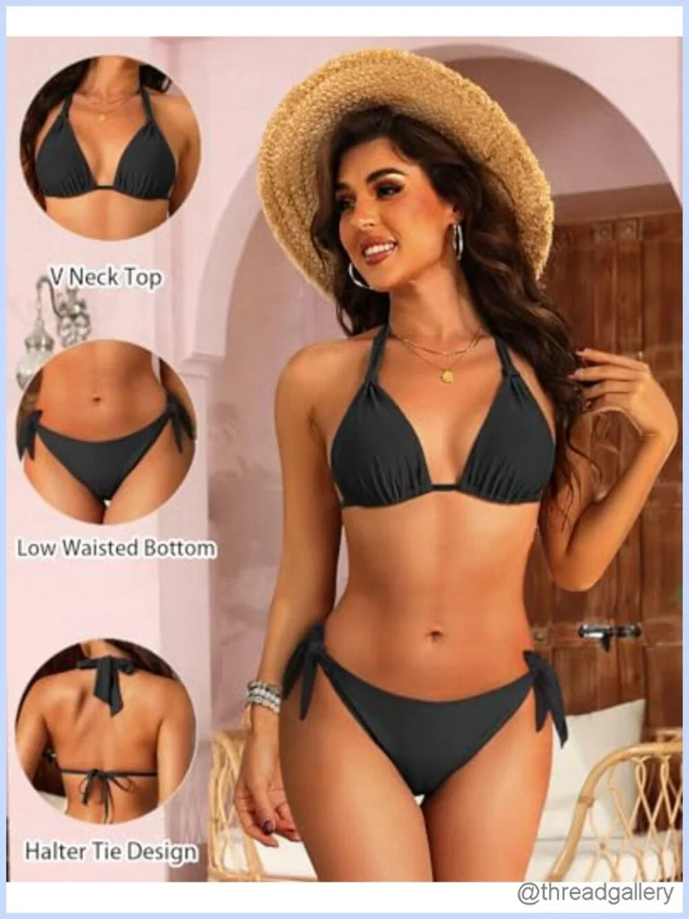 Halter Triangle Bikini Set Low Rise Two Piece Swimsuit Removable Pads